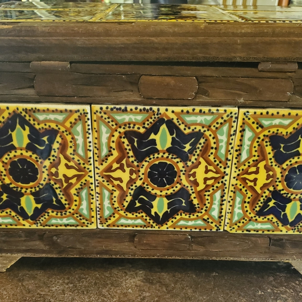 LOWERED PRICE!! Vintage Mexican Tile Carved Wood Trunk - Handmade - Picture 5 of 12